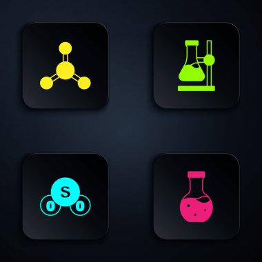 Test tüpü molekül sülfür dioksit SO2 ve matarayı hazır hale getirin. Siyah kare düğme. Vektör.