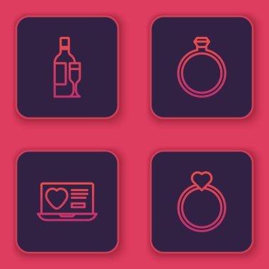 Şampanya şişesi, randevu uygulaması, elmas nişan yüzüğü ve nikah yüzüğü. Mavi kare düğme. Vektör.