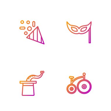 Klasik bisiklet, sihirbaz şapkası, şenlikli konfeti ve maske. Renk simgeleri. Vektör.