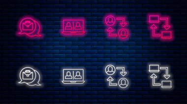 Çevrimiçi görüntülü sohbet konferansı, Proje ekibi üssü, online çalışma ve... Tuğla duvarda parlayan neon simgesi. Vektör.