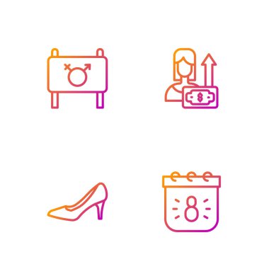 8 Mart Kadın Ayakkabı Feministi ve Para Büyüyen Kadın Takvimi 'ni ayarla. Renk simgeleri. Vektör.