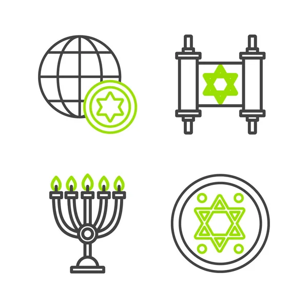 Set Line Pièce Juive Hanoukka Menorah Torah Rouleau World Globe — Image vectorielle