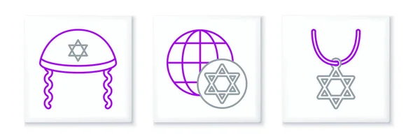 Установить Линию Звезда Давида Ожерелье Цепи Еврейский Кипа Всемирный Глобус — стоковый вектор