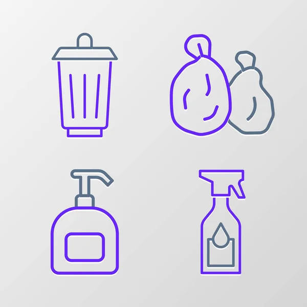 Set Line Reinigungs Sprühflasche Flasche Flüssigseife Müllsack Und Mülleimer Symbol — Stockvektor
