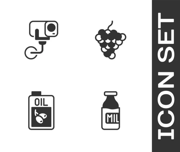 Set Flasche Mit Milch Überwachungskamera Olivenöl Und Traubenfrucht Symbol Vektor — Stockvektor
