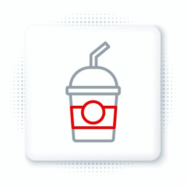 Beyaz arkaplanda çizgi milkshake simgesi izole edildi. Kapaklı ve samanlı plastik bardak. Renkli taslak konsepti. Vektör.