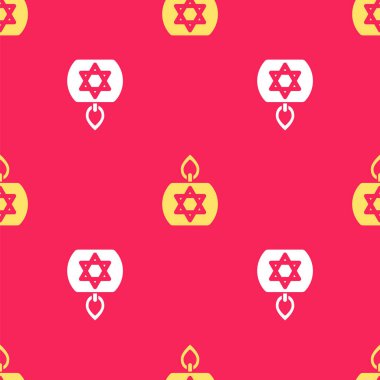 Sarı yanan mum şamdanda, David ikon yıldızının kırmızı arka planda izole edilmiş pürüzsüz deseni var. Silindirik mum çubuğu ve yanan ateş. Vektör.