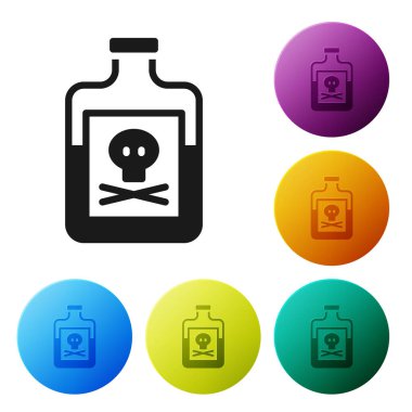 Siyah zehir beyaz arka planda izole edilmiş bir şişe ikonu. Bir şişe zehir ya da zehirli kimyasal toksin. Simgeleri renk daire düğmelerine ayarla. Vektör.