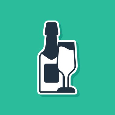 Mavi şampanya şişesi ve yeşil arka planda izole edilmiş bir bardak şampanya ikonu. Mutlu Noeller ve mutlu yıllar. Vektör.