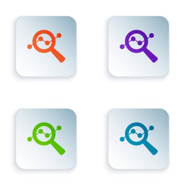 Beyaz arkaplanda izole edilmiş renk büyüteç ve veri analiz simgesi. Arama işareti. Kare düğmelere renkli simgeleri yerleştir. Vektör.