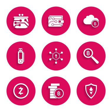 Blockchain teknolojisi Ethereum ETH Kripto para birimi Bitcoin Kalkan büyütecini Zcash ZEC USB flash disk bulut madenciliği ve cüzdan ikonu ile ayarla. Vektör.