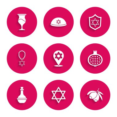 David Zeytinleri 'nin Yıldızı' nın kolyesini, Nar Musevi şarap şişesi kolyesini, kalkanına ve kadeh ikonuna takın. Vektör.