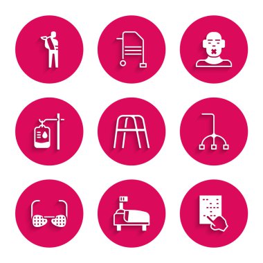 Set Walker Hospital bed Braille Walking stick cane Blind glasses IV bag Head of deaf and dumb and Human broken arm icon. Vector.