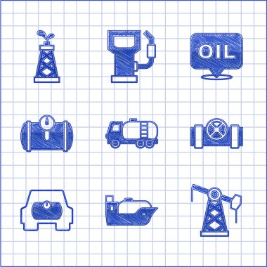 Tanker kamyonu petrol tankeri pompasını ayarlayın ya da Metalik boruları pompalayın ve araç kelime yağı ve sondaj ikonu için valf benzinini ayarlayın. Vektör.