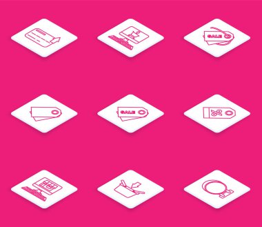 Satır Kredi Kartı Alışveriş arabasını ekran fiyatına yaz. Yazılı Sale Blank etiket şablonu indirimli yüzde bina ve sepet simgesi ile birlikte. Vektör.