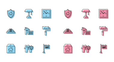 Satır çizgisi karton kutusunu House Rozeti asma tabelası kiralık boya fırça yüzme havuzu merdiveni ve masa lambası ikonu ile ayarla. Vektör.