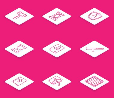 Yargıç Gavin Sahne Standı ya da münazara kürsüsü eski kum saati kimlik kartı polis kauçuk copu kutsal İncil kitabı ve arama ikonlu belge. Vektör.