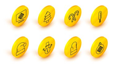 Çizgili Noel topu eldiveni Noel Baba şapkası Meteoroloji termometresi çizgili şeker kamışı ve Kar Tanesi konuşma balonu ikonu. Vektör.