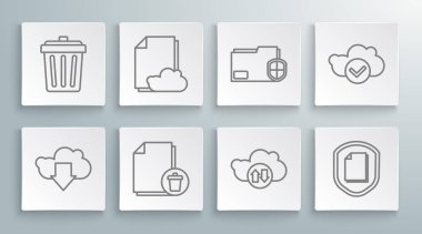 Cloud 'un depolama metni dosyasını indirmesini ve Belge Koruma kavramı dizinini işaretli ve Çöp kutusu simgesiyle yüklemesini ayarlayın. Vektör.
