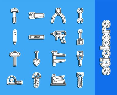 Metalik vida, fırça, kar küreği, kerpeten, silgi, çekiç ve elektrikli matkap ikonu içeren balon kalem ayarlayın. Vektör.