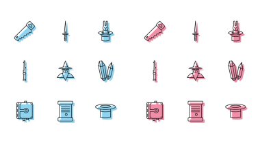 Eskiler 'in sihirli kitap el yazması parşömen parşömeni Sihirbaz şapkası, büyücü şapkası, büyücü taşı değneği ve hançer simgesi. Vektör.