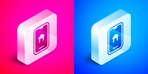 Isometric Online Real Estate House Smartphone Icon Isolated Pink Blue — Image vectorielle