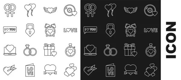 ライン中心部にハートを設定ストップウォッチ翼と愛のテキストハートの城の形スピーチバブル私はあなたを愛しています女性の性別シンボルと目覚まし時計のアイコン ベクトル — ストックベクタ