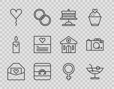 Sevgililer Günü Kokteyli Pastası 'nı, tebrik kartı kadın cinsiyet sembolü ve fotoğraf makinesi ikonunun balon halkalarına yerleştirin. Vektör.