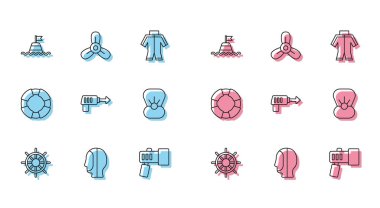 Geminin direksiyon simidini ayarlayın. Fenerli şamandıra yüzen şamandıra üzerinde inci Lifebuoy ve tekne pervanesi ikonu olan zıpkın kabuğu. Vektör.