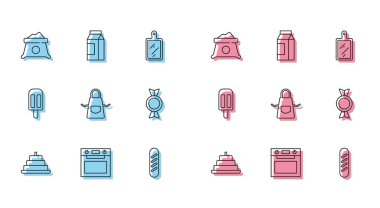 Mum, fırın, ekmek, ekmek, önlük, şeker, dondurma ve süt ikonu için kâğıt paketi. Vektör.