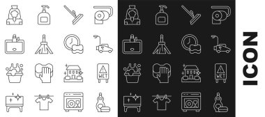 Bulaşık deterjanı şişesini, çim biçme makinesini, süpürge sapını, temizlik leğenini yıkama servisini ve bulaşık yıkama ikonunu ayarla. Vektör.