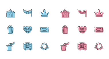 Sihirbaz şapkası, sirk vagonu çadırı, hokkabaz topu, palyaço kafası, patlamış mısır kutusu ve festival maskesi ikonu. Vektör.