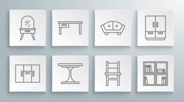 Gardırop Ofis Masası Masası Masa Masası Rafı 'nı kitap, kanepe ve giysi ikonu ile ayarla. Vektör.