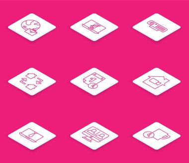 Ev sohbeti konferansı ve simge dışında çevrimiçi çalışan sessiz mikrofon çevrimiçi web kamera yönetimi videosunu ayarla. Vektör.