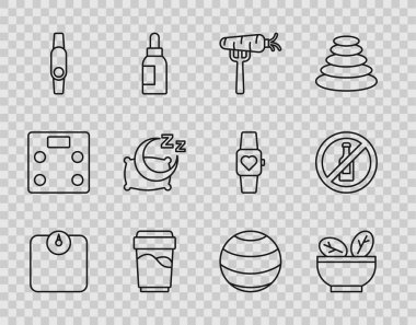 Sıra halinde banyo terazileri havuçlu salata çatallı cam çatal üzerinde Smartwatch ile uyku zamanı Fitness topu ve alkol yok ikonu. Vektör.