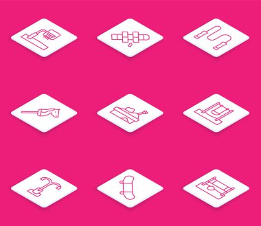 Sıralı basketbol sedyesi Hopscotch Zıplama halatı kum salıncak sokak ışığı ve kaykay numarası ikonu olan Toy Horoz Sandbox. Vektör.