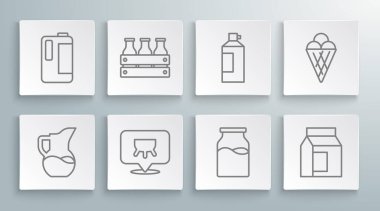 Süt sürahisi ya da sürahi sütü tahta kutuya koy. Krem şantili dondurma külahı ve plastik ikon için kağıt paketle. Vektör.