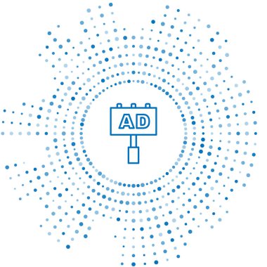 Mavi çizgi reklam simgesi beyaz arkaplanda izole edildi. Pazarlama ve tanıtım süreci kavramı. İlgili reklamlar. Sosyal medya reklamcılığı. Soyut çember rastgele noktalar. Vektör.