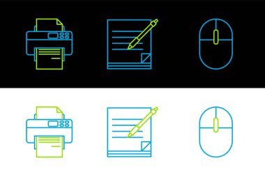 Satır Satırı Bilgisayar Fare Yazıcısı ve Boş Defter ve Kalem Simgesini Ayarla. Vektör.