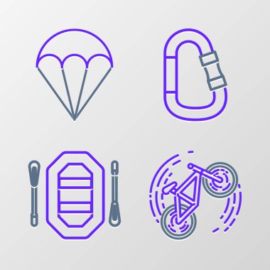 Bisiklet hilesi Rafting botu karabinası ve paraşüt simgesi ayarla. Vektör.