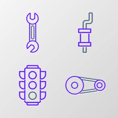Çizgi zamanlayıcı kiti trafik ışığı araba susturucusu ve kırbaç simgesini ayarla. Vektör.