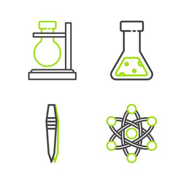 Atom cımbızı test tüpü, matara kimyasalı ve stand simgesini ayarlayın. Vektör.
