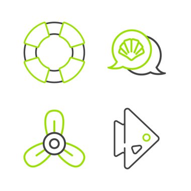 Balık Teknesi pervane türbini deniz kabuğu ve Lifebuoy simgesini ayarlayın. Vektör.