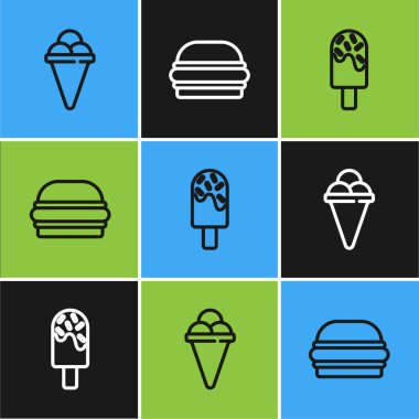 Dondurmayı waffle külahına ve Burger ikonuna yerleştir. Vektör.