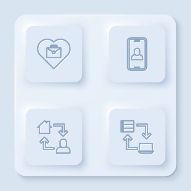 Set Heart ile metin, görüntülü sohbet konferansı, online çalışma ve... Beyaz kare düğme. Vektör.