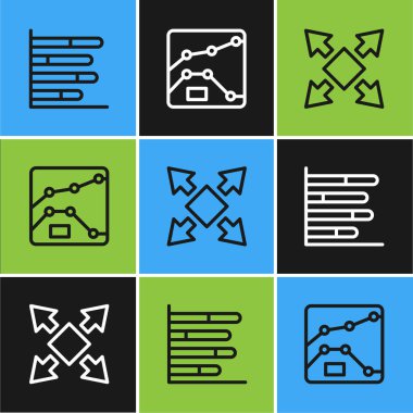 Çizgi pasta grafiği bilgisini ayarlayın, birçok yönlü ok ve grafik, grafik, diyagram simgesi. Vektör.