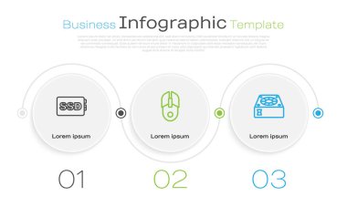 SSD kartını, bilgisayar faresini ve soğutucuyu ayarla. Ticari bilgi şablonu. Vektör.