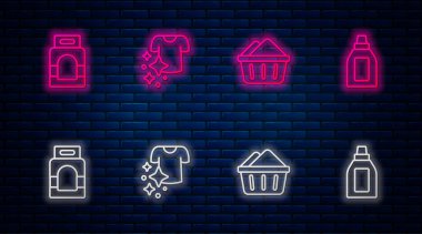 İpi kurulama, sabun köpüklü leğen, çamaşır deterjanı ve temizlik malzemesi şişesi. Tuğla duvarda parlayan neon simgesi. Vektör.