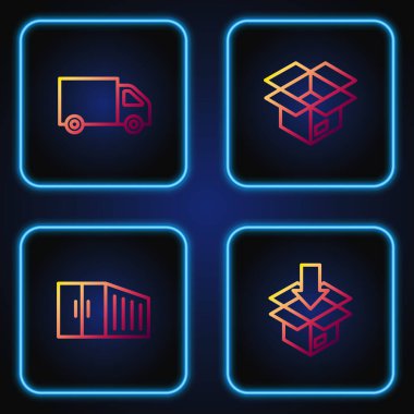 Karton karton kutu konteynır nakliye kamyonu ve boks yapma sırası. Renk simgeleri. Vektör.