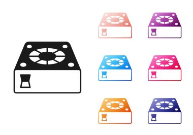 Siyah Bilgisayar soğutucu simgesi beyaz arkaplanda izole edildi. Bilgisayar donanım pervanesi. Simgeleri renklendirin. Vektör.